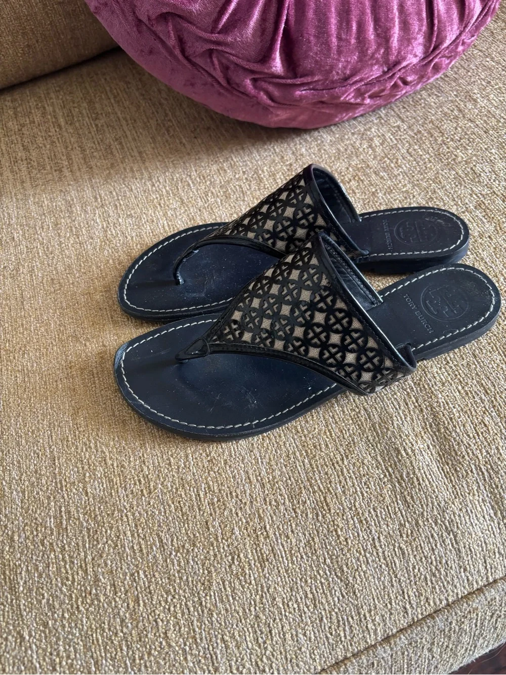 Tory Burch Navy blue and ivory thongs Laser-Cut Leather Toe-Post Sandals 8M